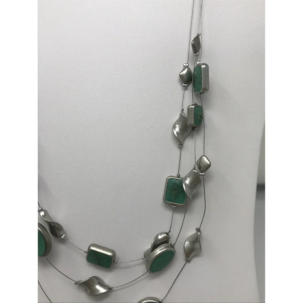 CHICO'S Necklace Greenish Blue Teal Multi Strand Floating Silver Tone